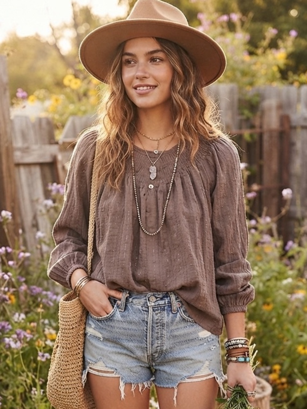 Lucky Brand Taupe Smocked Yoke Long-Sleeve Blouse